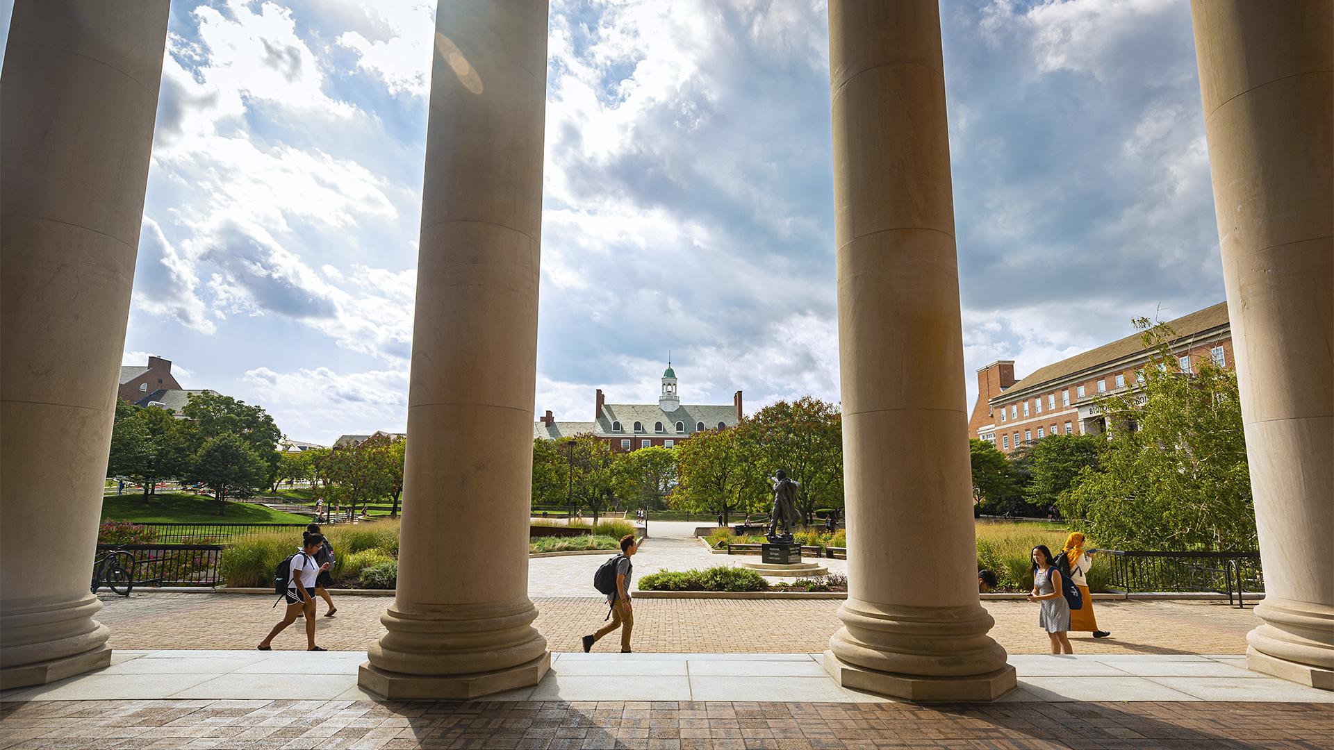 Hornbake Plaza viewed through columns of Hornbake Library